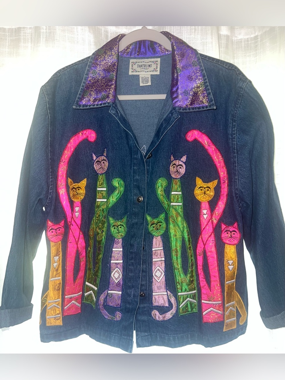 Tantrums Vintage 90's Denim Jacket Funky Cats 🐈 Size Large Boho Cottagecore